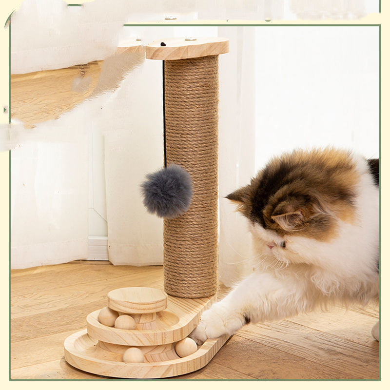 Japasu Luxury 2-in-1 Solid Wood Cat Turntable – Triple-Tier Track Toy with Natural Sisal Scratching Post