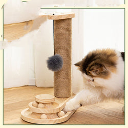 Japasu Luxury 2-in-1 Solid Wood Cat Turntable – Triple-Tier Track Toy with Natural Sisal Scratching Post